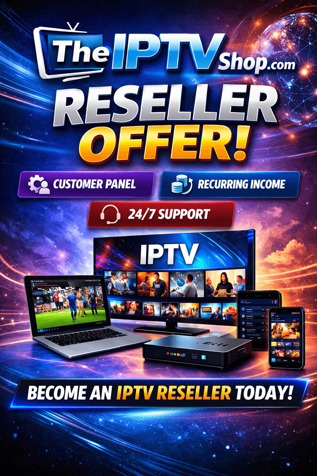 White-label IPTV Reseller Dashboard showing active subscriptions and credits