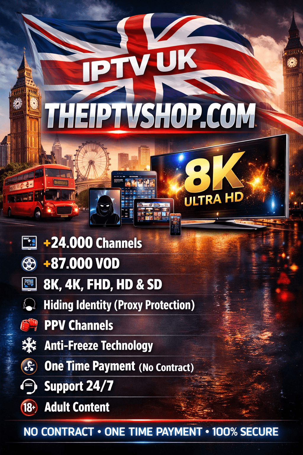 4K Premium IPTV UK Service Interface showing live sports and movies
